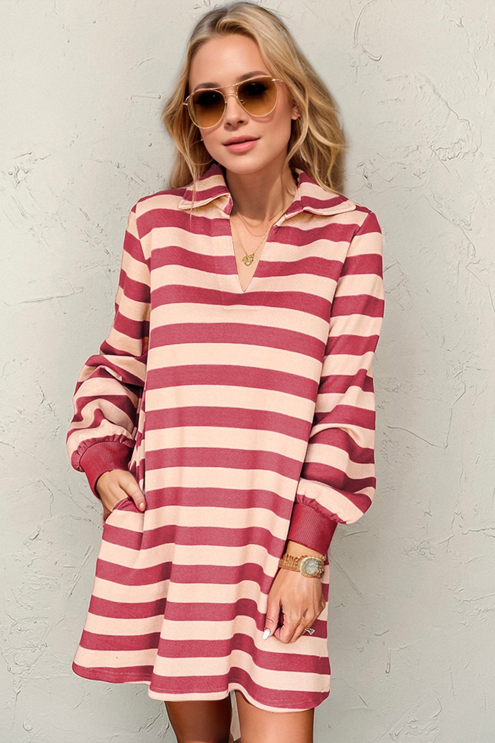 Double Take Full Size Striped Contrast Collared Neck Long Sleeve Dress Deep Rose 00b85847-4911-4d56-ac7d-b24ca41b36cf-Max Trendsi