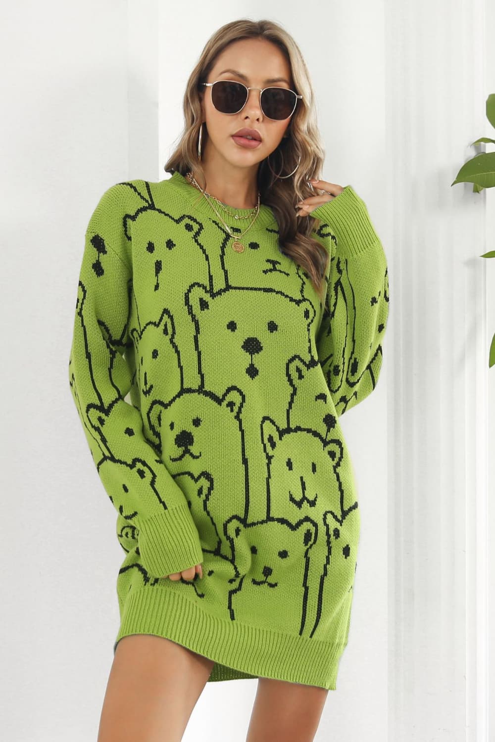 Bear Pattern Round Neck Sweater Dress Yellow-Green 03290969697c494487a0e76345bda969-Max Glownestbest