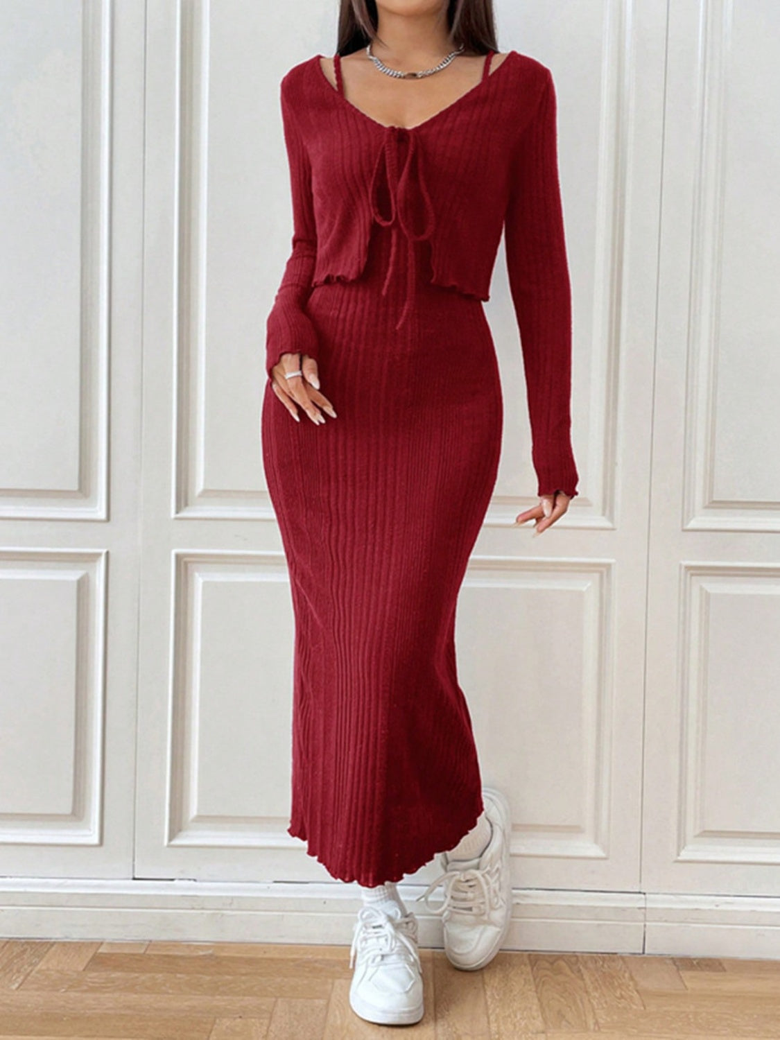 Cami Dress and Tied Long Sleeve Cardigan Set Burgundy 09d7af4a-d2c0-4dc5-a7d2-8fd0811556af-Max Glownestbest