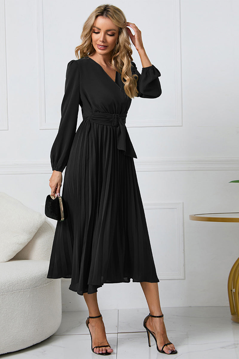 V-Neck Long Sleeve Tie Waist Midi Dress Black 178f75fb648f426b939613a5f67824eb-Max Glownestbest