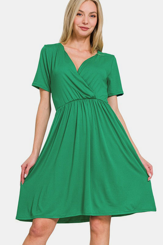 Zenana Surplice Short Sleeve Brushed DTY Dress Green 1f503d72-421e-4ea8-8b7f-e15164dee417-Max Trendsi
