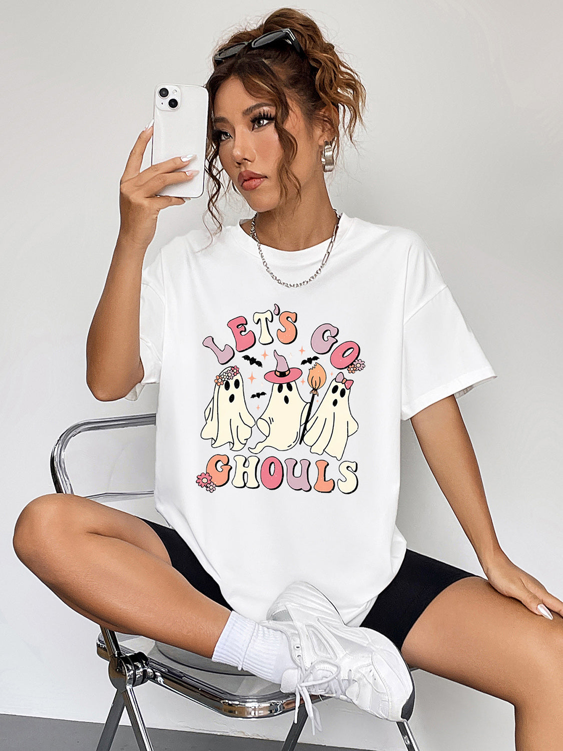 Glownestbest ® | Round Neck Short Sleeve LET'S GO GHOULS Graphic T-Shirt White 220d4b3644b24514bddbc36583c85556-Max Glownestbest