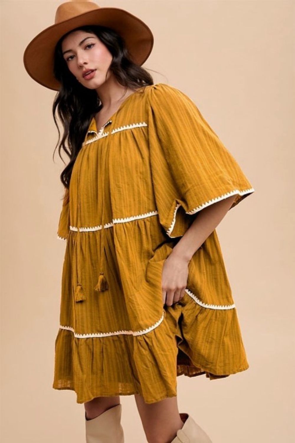 Annie Wear Tassel Contrast Trim Tie Neck Half Sleeve Tiered Dress Mustard 2ad2997f-643a-4b4c-bc85-dda15a51b697-Max Trendsi