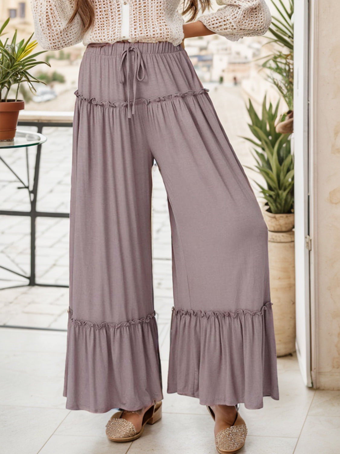 Wide Leg Ruffle Trim Pants Mauve 2d2a0fff-90d6-4c20-a567-4cb9393a4ebf-Max Trendsi