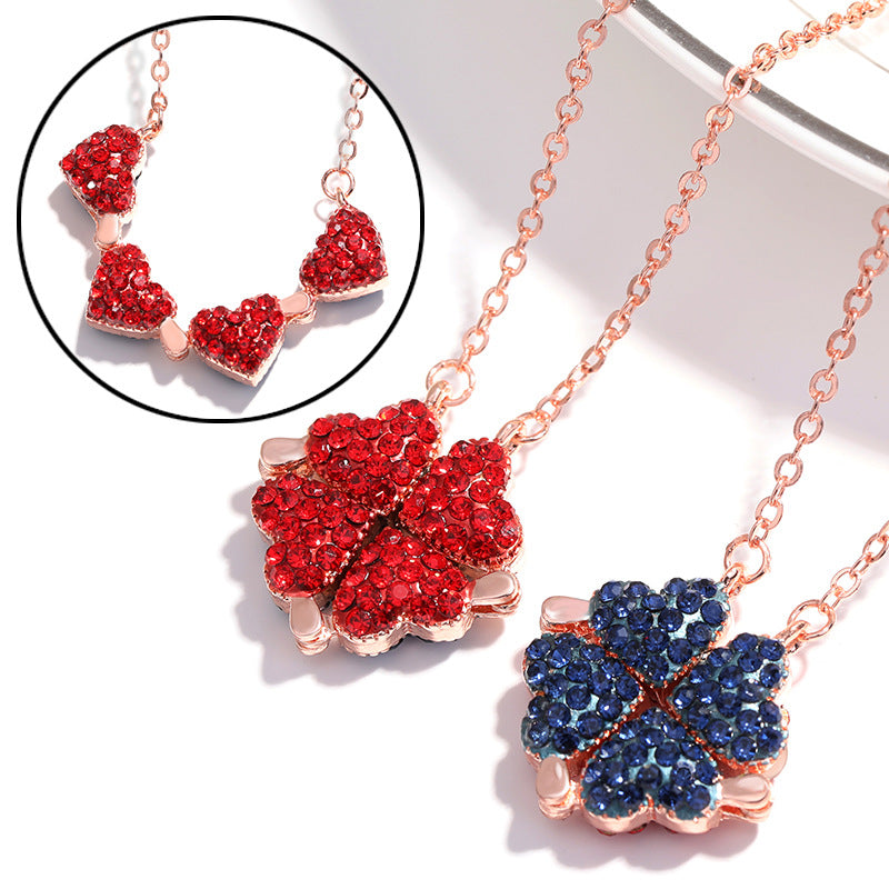 Noble and luxurious four-leaf clover paired with a heart studded with diamonds, a two-wear design necklace Rose gold double-sided red and blue opening and closing model 3a04e6ea-6c16-418d-9073-f5ff0f5de7e5 Artshiney