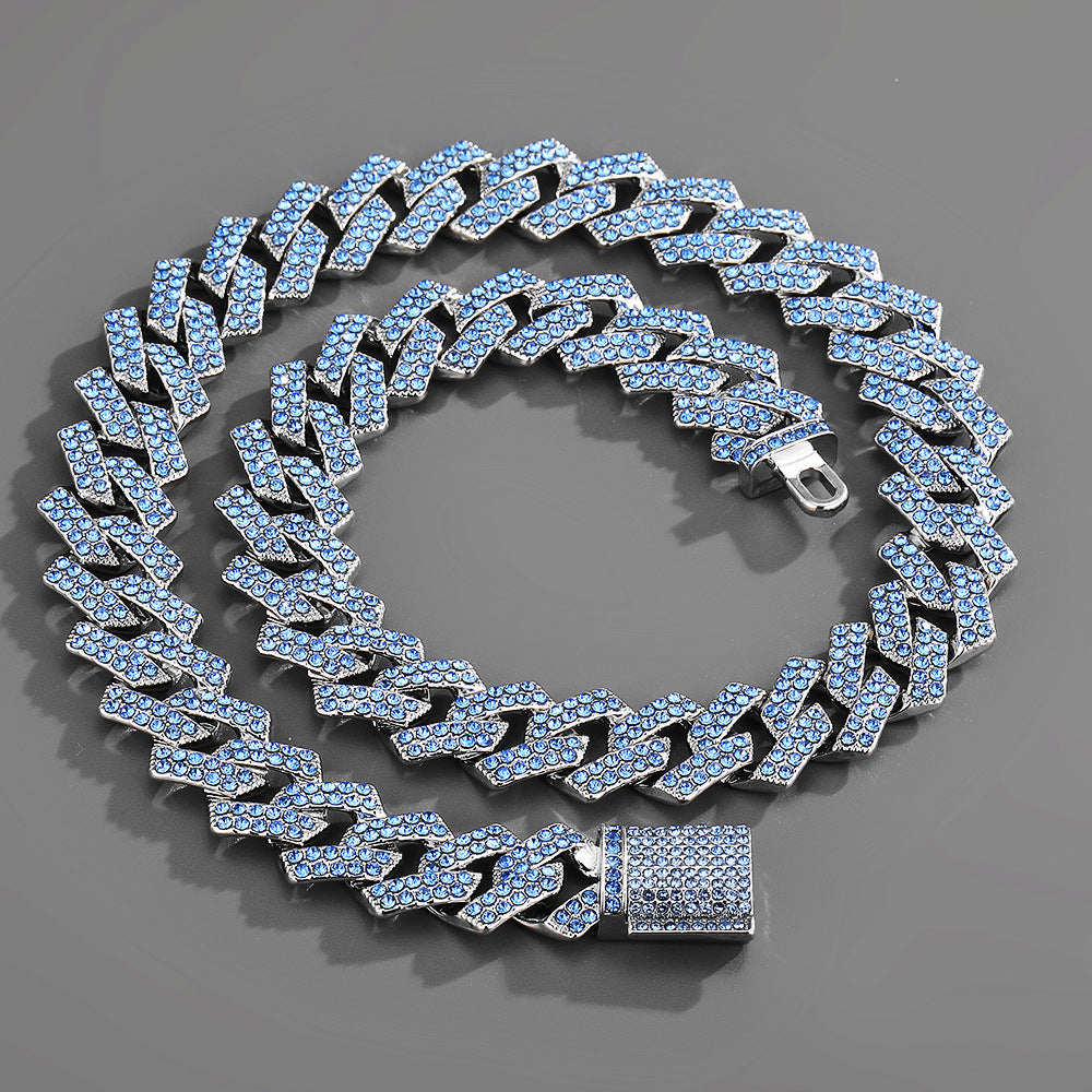 Trendy and fashionable Cuban chain with diamond-shaped design men's hip-hop style necklace and bracelet set Silver+Blue 4b6481a4-084c-4549-85d0-f5c480bfc8b0 Artshiney