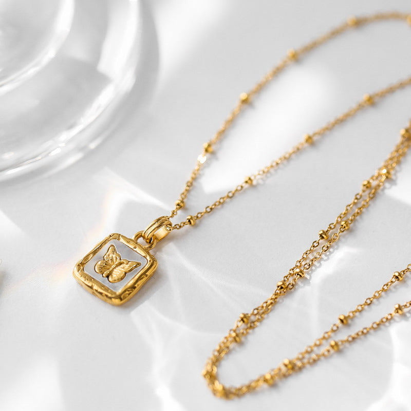 18K gold retro fashion square plate inlaid with gemstones and butterfly design light luxury style necklace Gold 520083bd-c604-493b-ae49-5891fb20b0b0 Artshiney