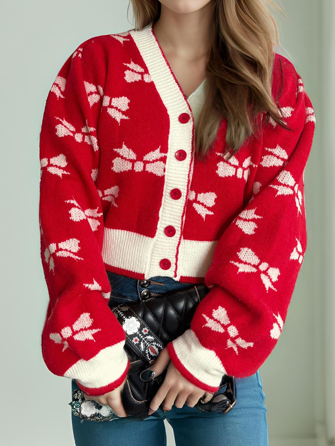 Bow V-Neck Button Down Long Sleeve Cardigan Deep Red One Size 5646b3b8-d766-4dc7-a7fb-3c851b2af594-Max Glownestbest