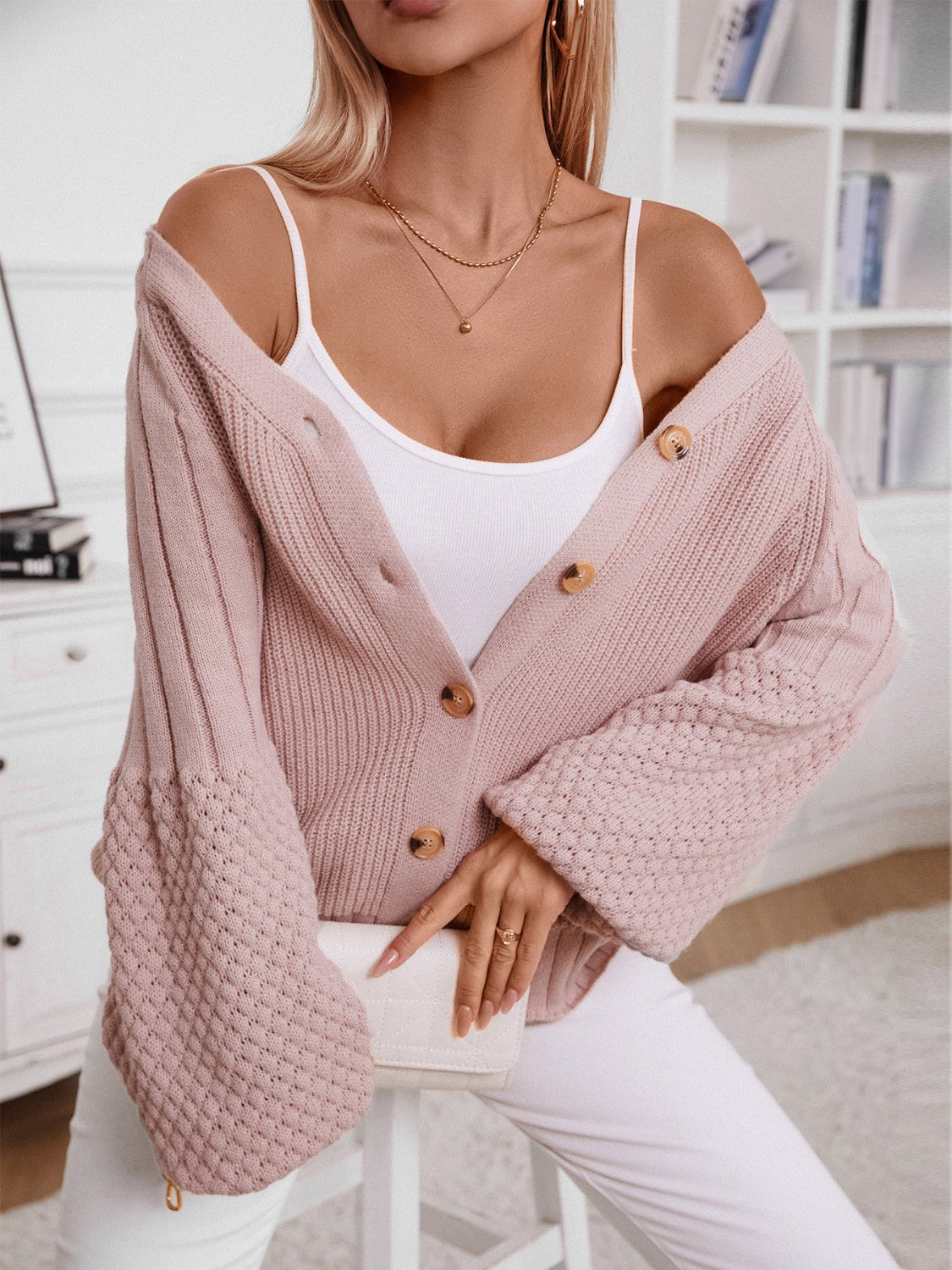 V-Neck Button Up Raglan Sleeve Cardigan Blush Pink 59839e6e-a832-40bd-8721-2a04fc9b665d-Max Glownestbest