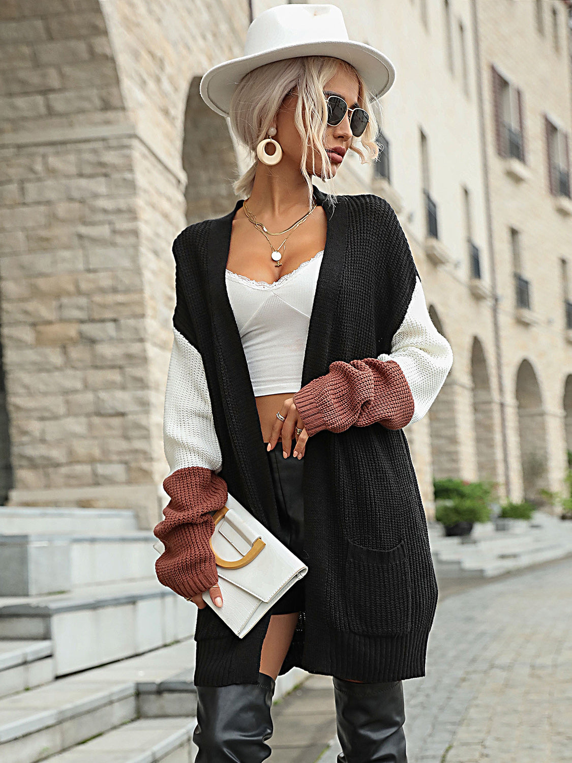 Perfee Tricolor Dropped Shoulder Cardigan with Pockets Black 6be744c080d44901aa52f8b7a83e6bae-Max Glownestbest