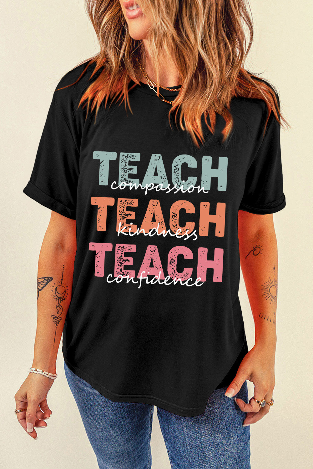 Glownestbest ® | Letter Graphic Round Neck Short Sleeve T-Shirt Black 6d34f50f-6367-42a2-9fa4-16e3695e173f-Max Glownestbest