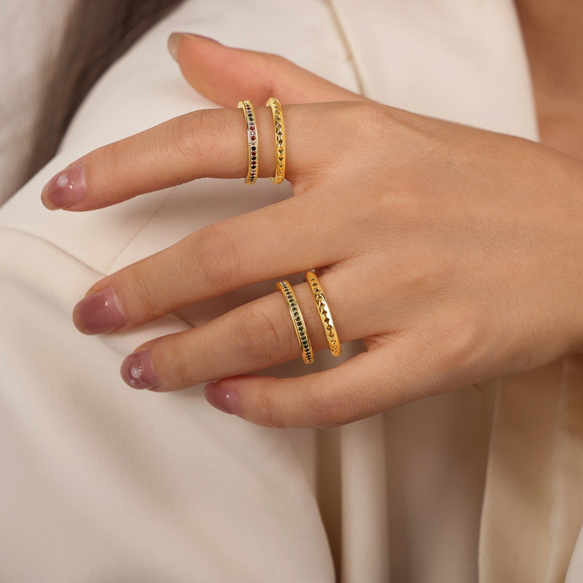Gold-Plated Czech Diamond Double-Layered Ring Dark Green 7 704358cd-da0b-4bdf-8d02-899797945551-Max Trendsi