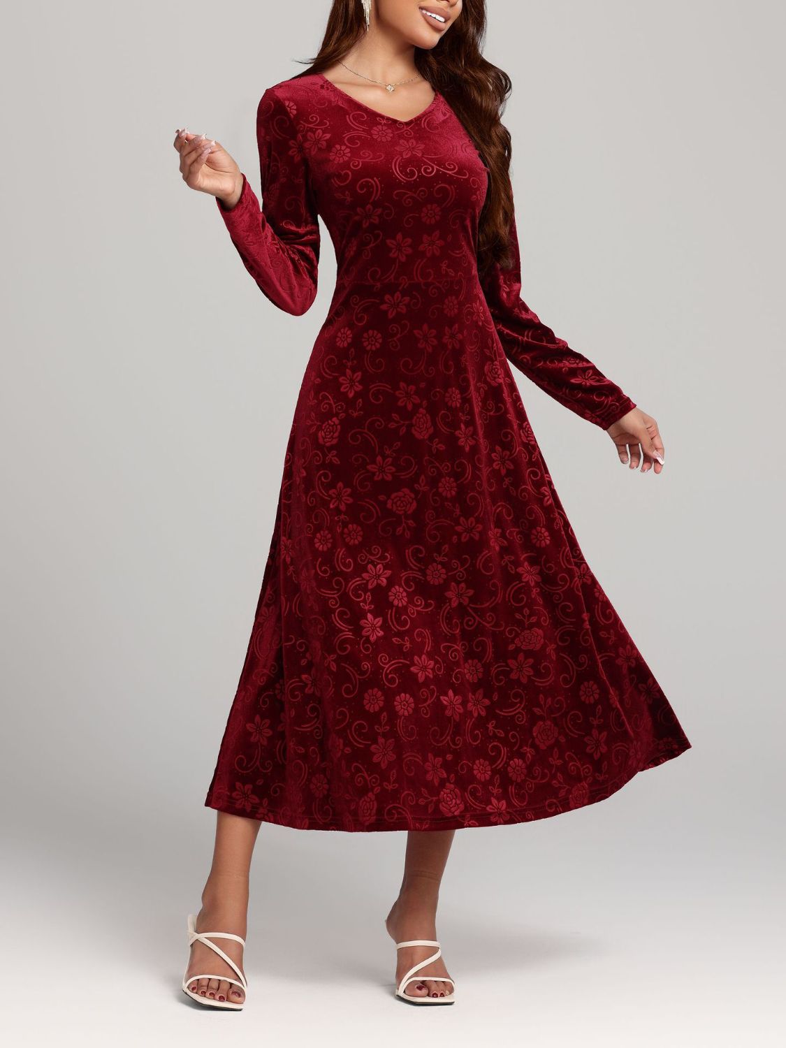 Flower Print V-Neck Long Sleeve Midi Dress Burgundy 7ad1b3fd-e063-40bf-84c3-ef2a0dba0429-Max Trendsi