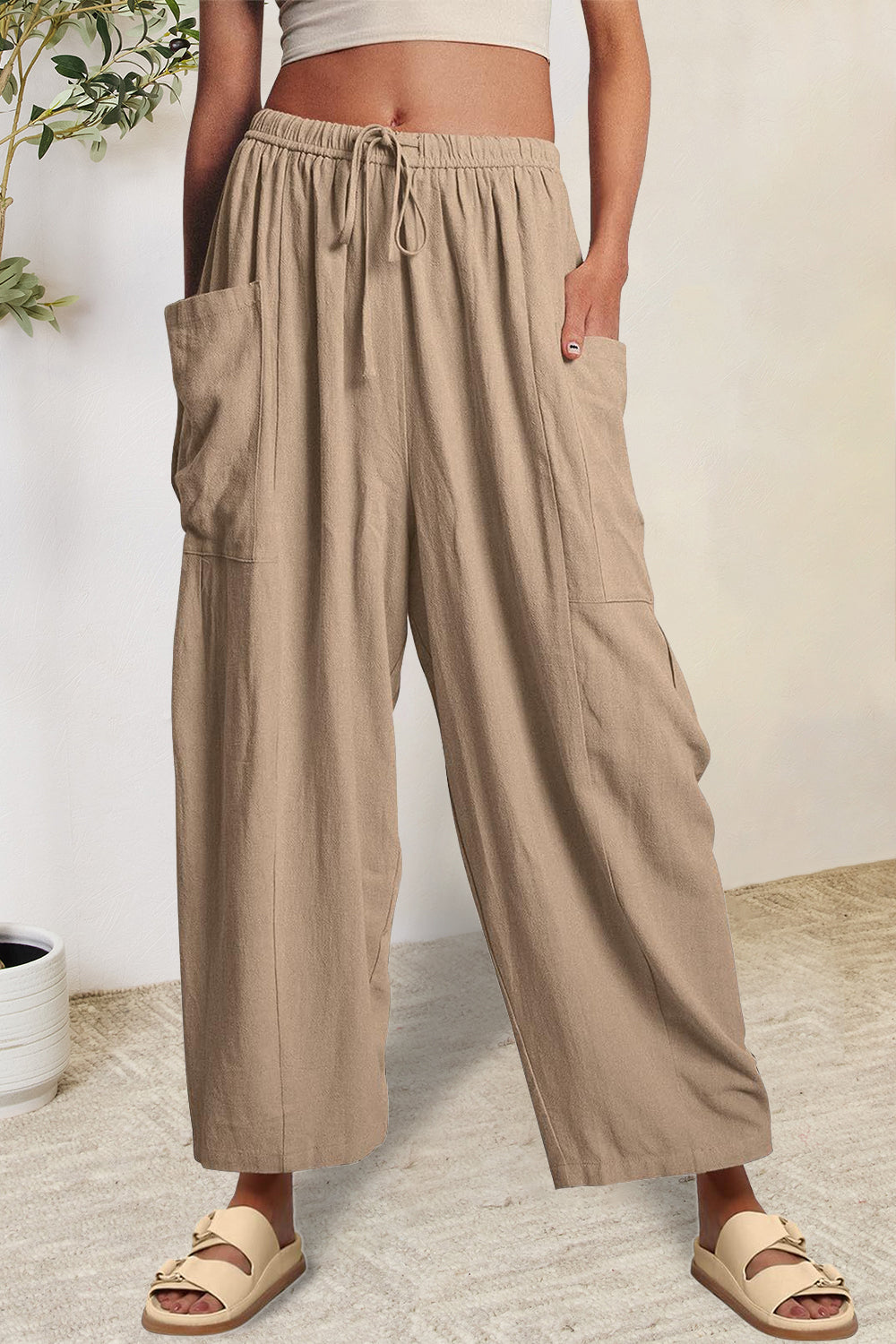 Full Size Pocketed Drawstring Wide Leg Pants Camel 843283a7-9528-49c8-be77-e268fbae8dc1-Max Trendsi