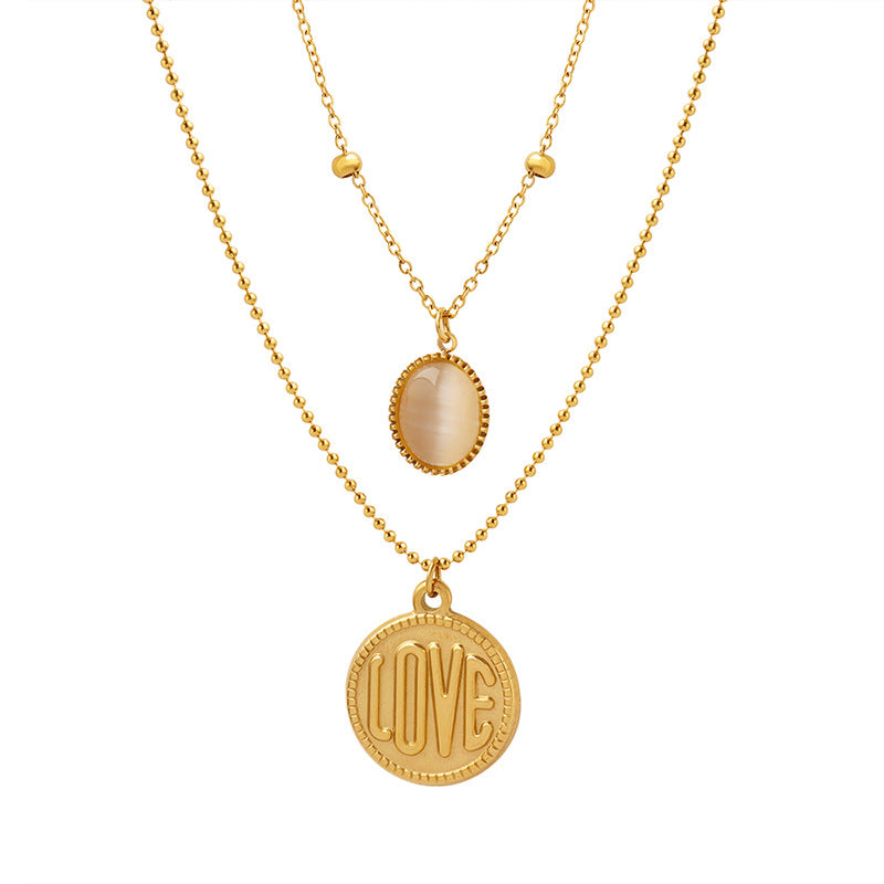 18K Gold Classic Simple LOVE Round Plate with Opal Double Layer Necklace Only 8b37719d-35e4-4252-a273-6dcbb617fd14 Artshiney