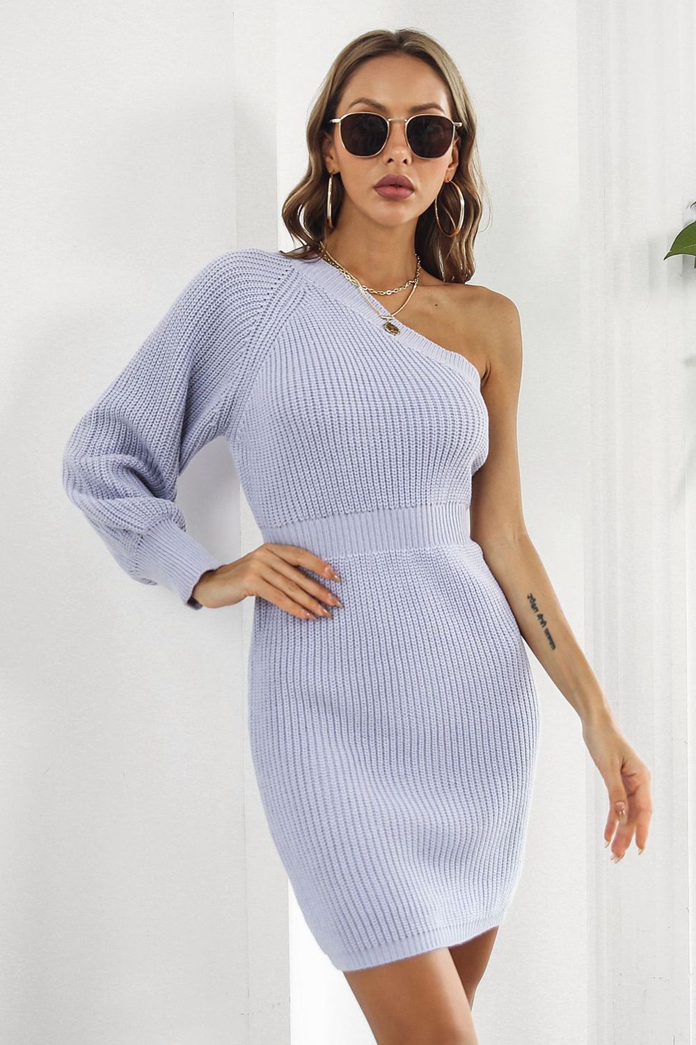 One Shoulder Raglan Sleeve Pencil Sweater Dress Lavender 8fe20687ad624ca98bb9a0ee54f706dd-Max Glownestbest