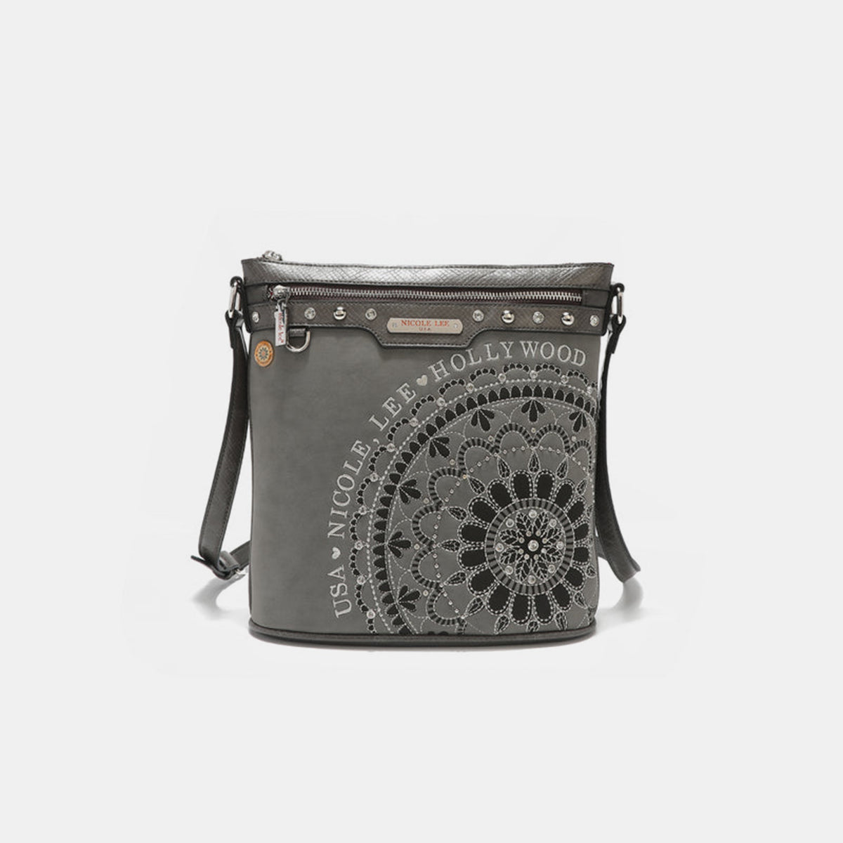 Nicole Lee USA Metallic Stitching Embroidery Inlaid Rhinestone Crossbody Bag Gray One Size 91cc7566-2ca2-4668-b17b-3a3291a9c95a-Max Trendsi