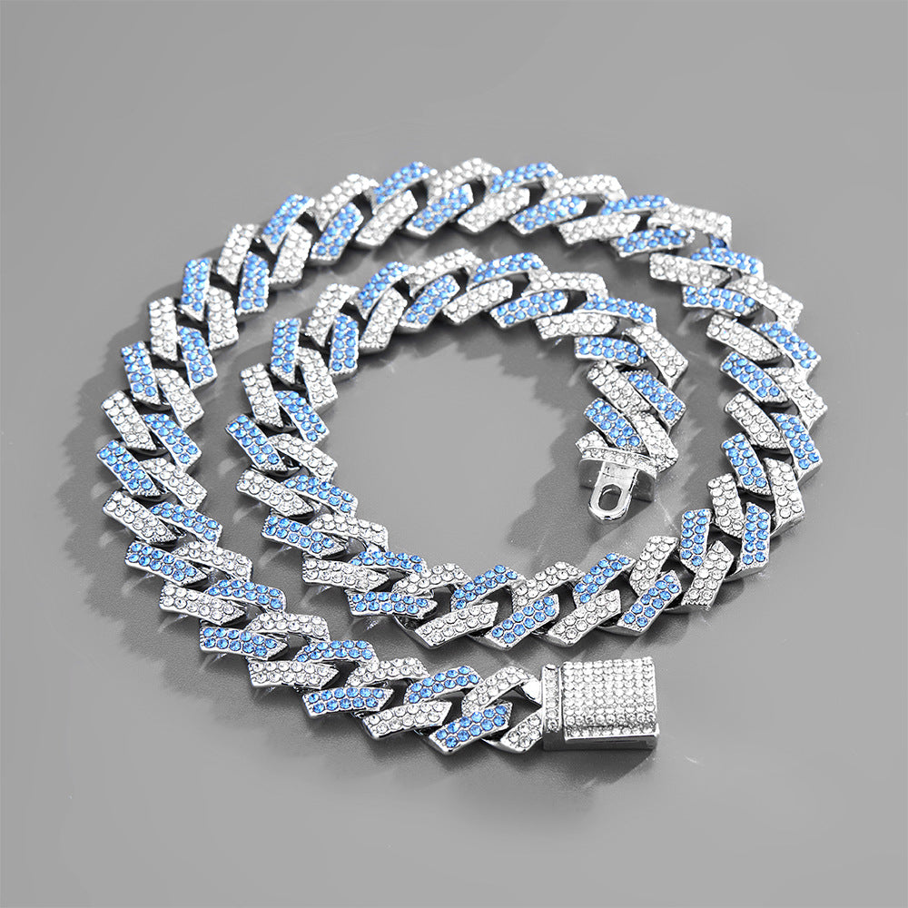 Trendy and fashionable Cuban chain with diamond-shaped design men's hip-hop style necklace and bracelet set Silver + Blue and white 92bf1464-7666-4da8-a033-ea66c01b7077 Artshiney