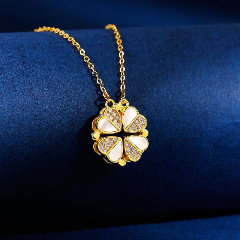 S925 silver light luxury fashion four-leaf clover inlaid with gemstones and diamonds a two-wear design necklace Gold 97cad00f-eaf2-42ae-8b24-66a855ee12ad Artshiney
