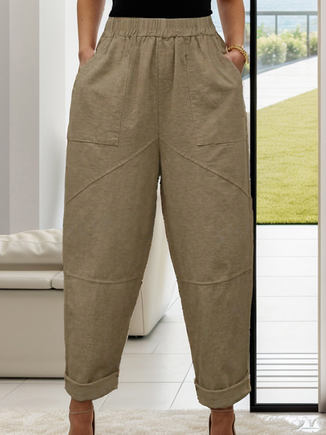 Elastic Waist Pants with Pockets Taupe 989414a2-f142-4ad9-b481-21a838ec5d9a-Max Trendsi