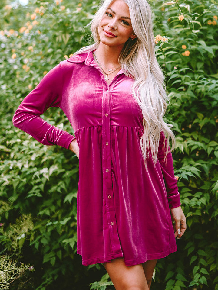 Collared Neck Buttoned Mini Dress Deep Rose b507569493c94598a912bb5ba9775ecc-Max Glownestbest