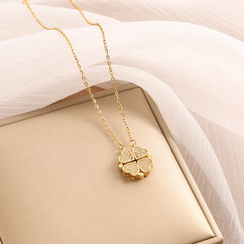 Noble and fashionable heart-to-heart four-leaf clover inlaid with zircon, a two-wear design simple style necklace Gold b5f4076a-918d-4b74-8489-4acf6cf2f67e Artshiney