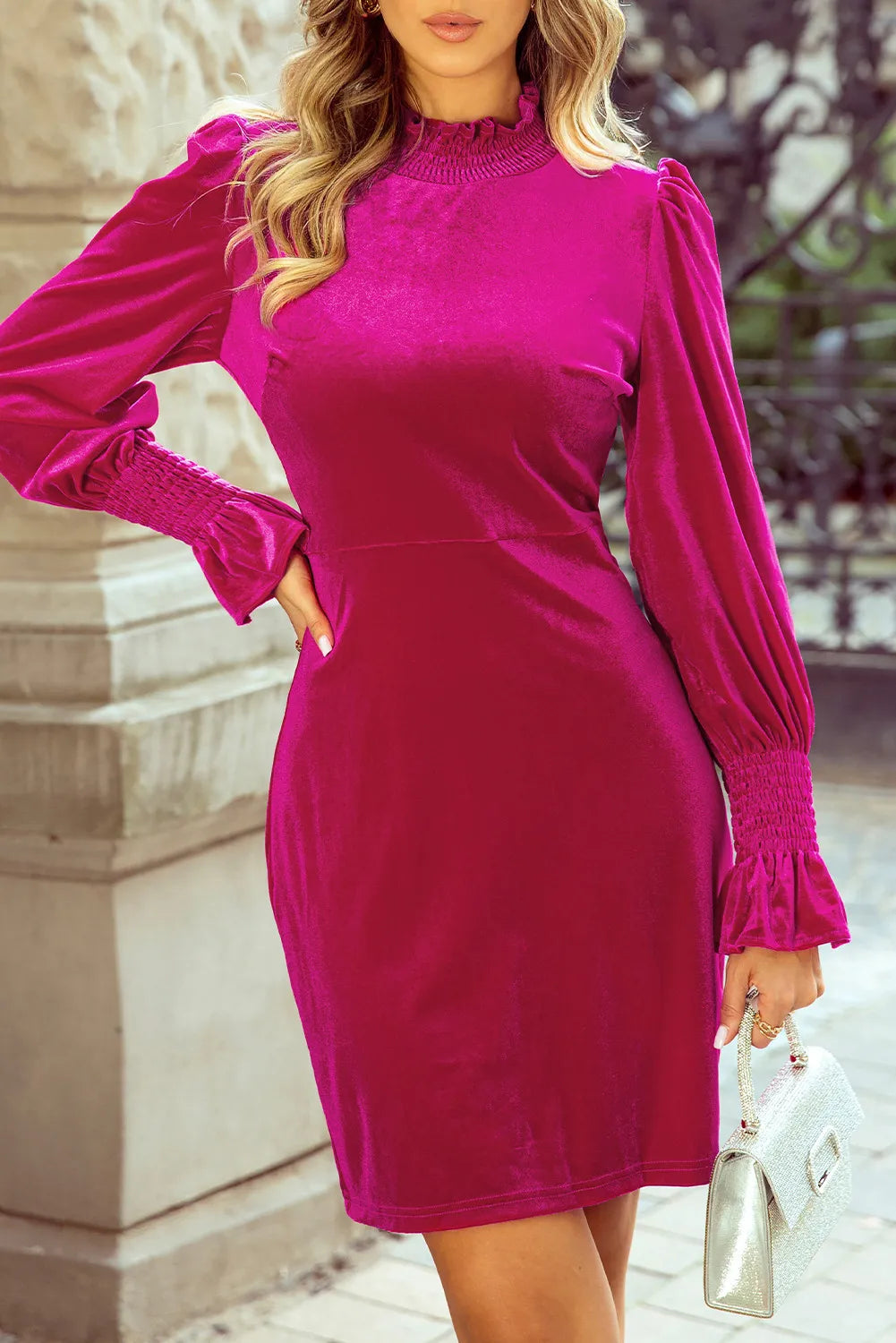 Frill Mock Neck Flounce Sleeve Mini Dress Cerise c2e104e1-0046-4461-aa0e-8f5a5ee06336-Max Glownestbest