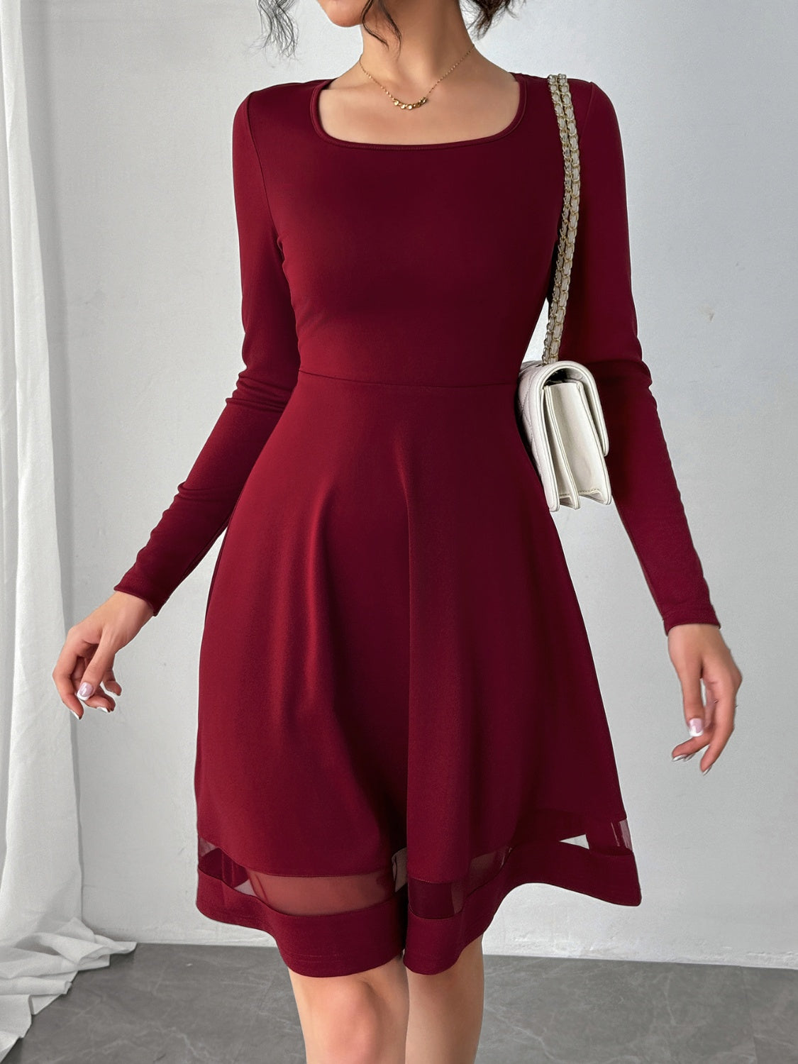 Square Neck Long Sleeve Mini Dress Burgundy c9d3f4a9-0cde-47ba-aeca-0c71075f6c06-Max Glownestbest