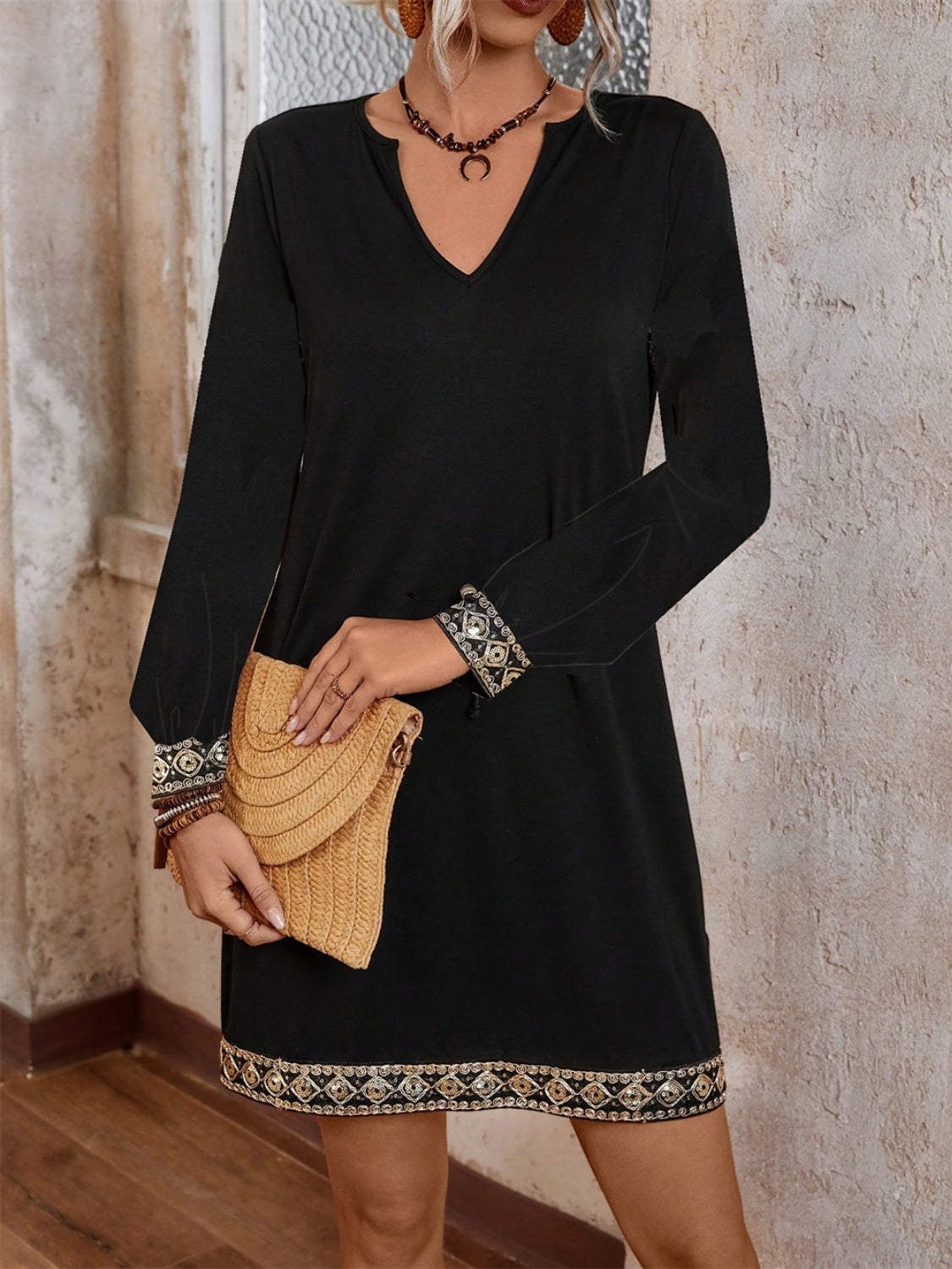 Embroidered Notched Long Sleeve Mini Dress Black ca1e8c89-b5cd-4c3e-89d1-86c56d0ece13-Max Trendsi