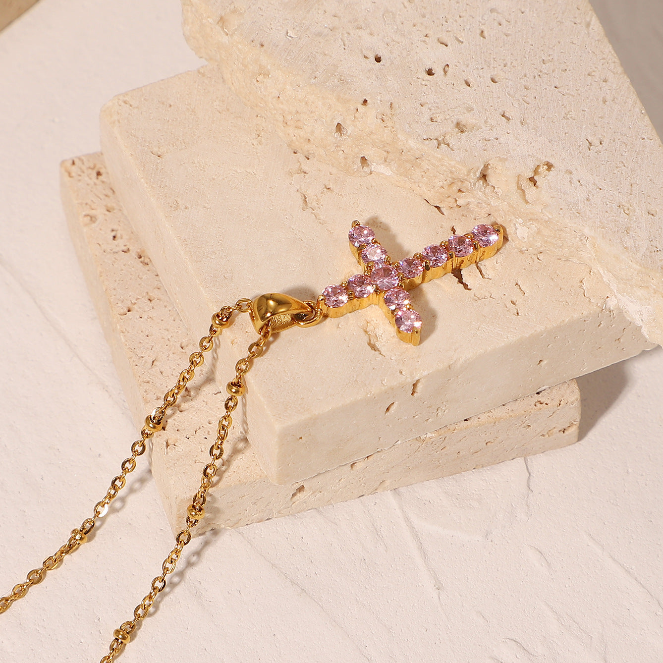 18K Gold Plated Pink Zircon Cross Pendant Necklace Only d2e3e736-5024-442a-91fa-871104de48e7 Glownestbest