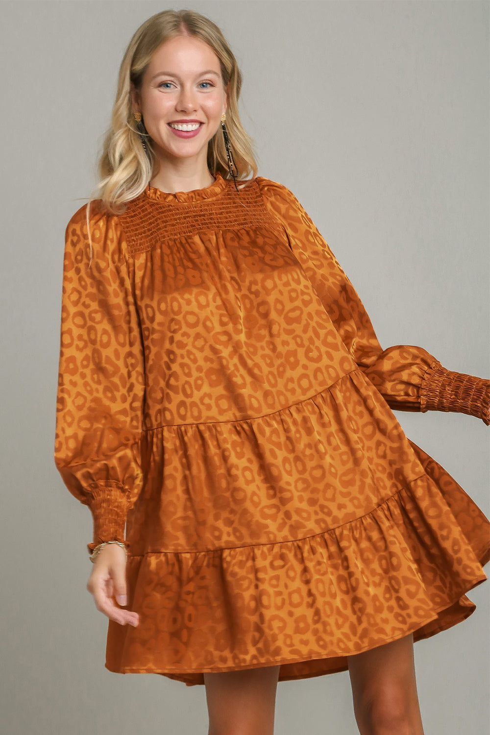Umgee Smocked Leopard Long Sleeve Tiered Dress Copper e5e8da31-c03f-4ec2-ab35-598b8f97e405-Max Trendsi