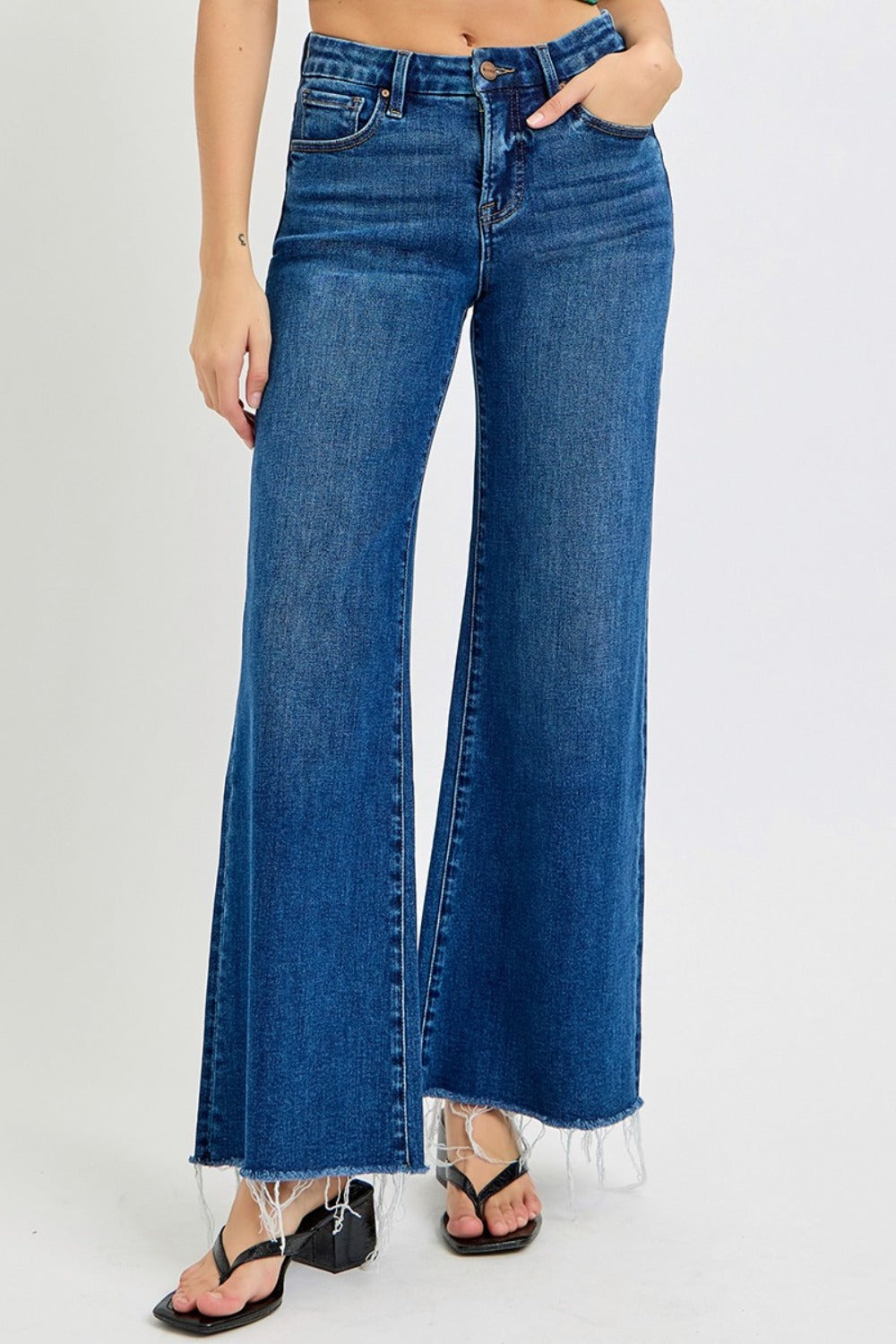 RISEN Tummy Control High Rise Wide Leg Jeans Dark e68e671c-2196-4142-9130-6936207719c8-Max Trendsi