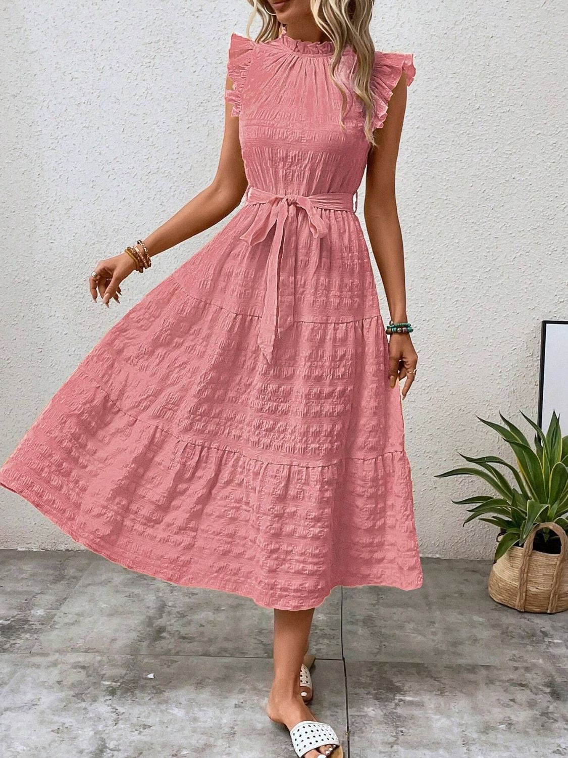 Tied Ruffled Cap Sleeve Midi Dress Burnt Coral e8bb631e-c3c4-4177-a6ff-f14b3898c89e-Max Trendsi