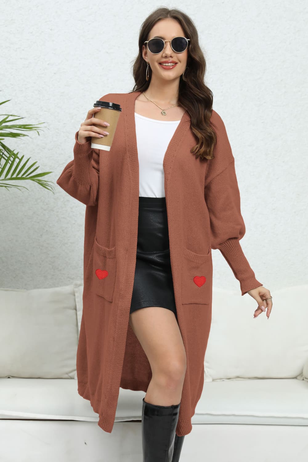Lantern Sleeve Open Front Pocketed Cardigan Brown One Size ebbdf8213a5a4861a33736033bbdb3e1-Max Glownestbest