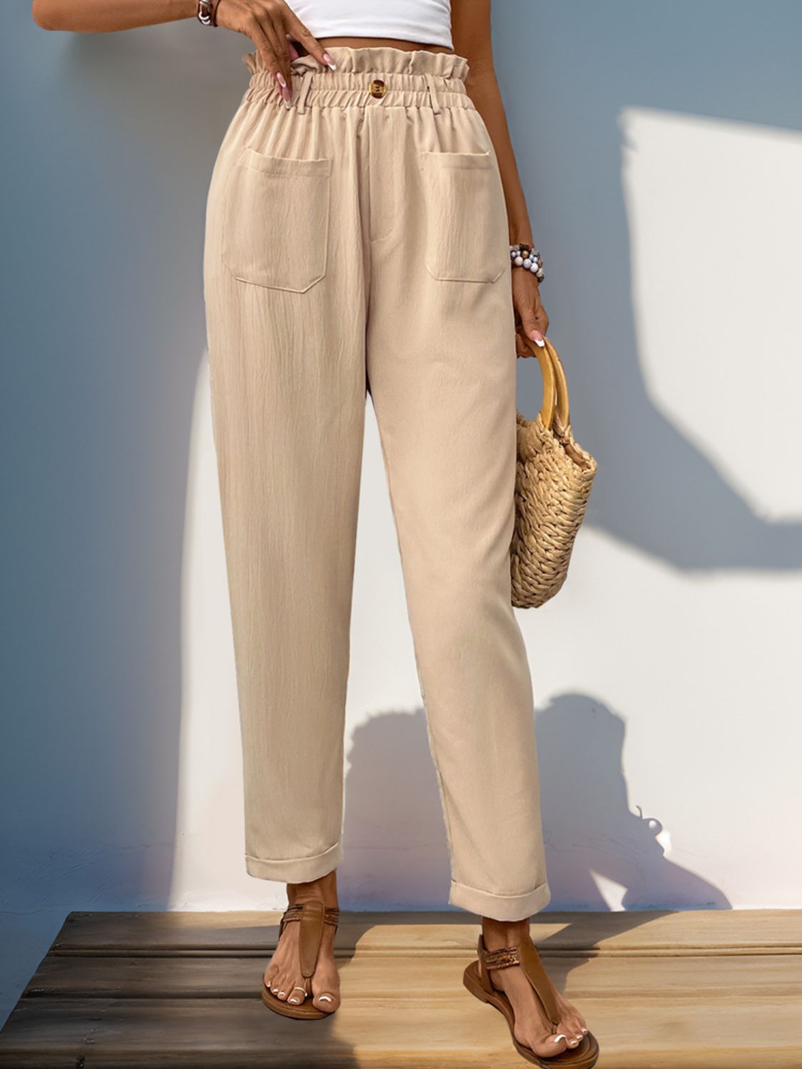 Perfee Frill High Waist Pants with Pockets Tan efc8cb52-0b83-4841-9a9a-534b75c88d87-Max Trendsi