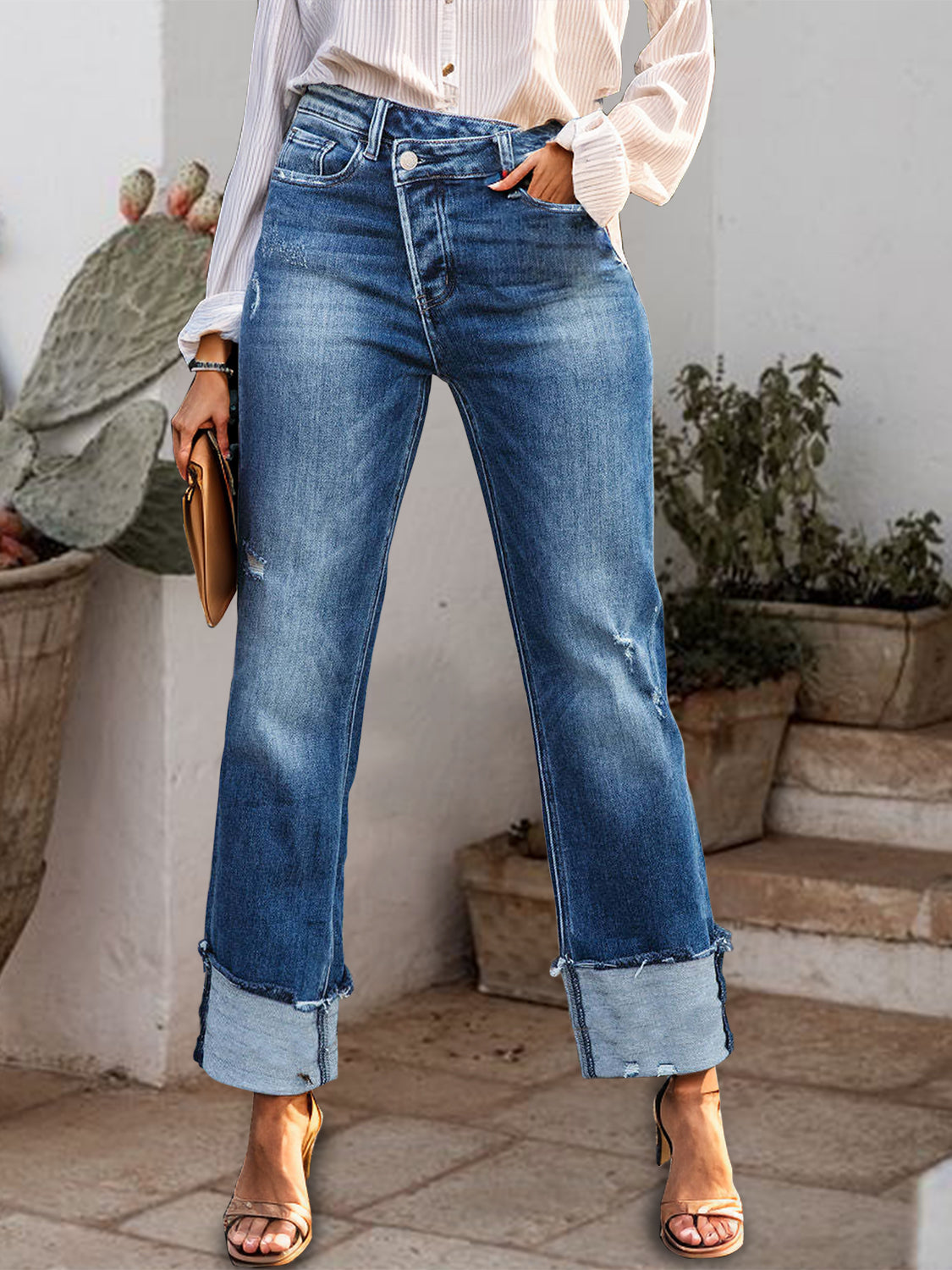 Stepped Waist Raw Hem Rolled Straight Jeans Medium f6c09fde-4ecc-4bf5-8919-1368b64c1eeb-Max Trendsi
