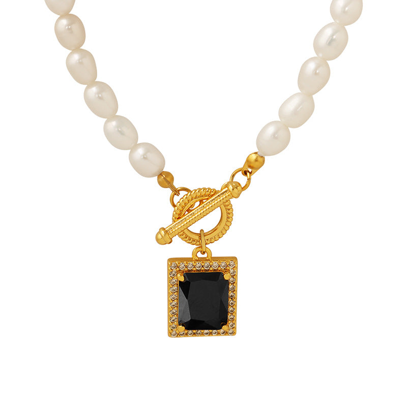 18K gold exquisite dazzling pearl and square inlaid gem design pendant necklace Only f8217f1e-9421-44fc-b671-7de29e7b1644 Artshiney