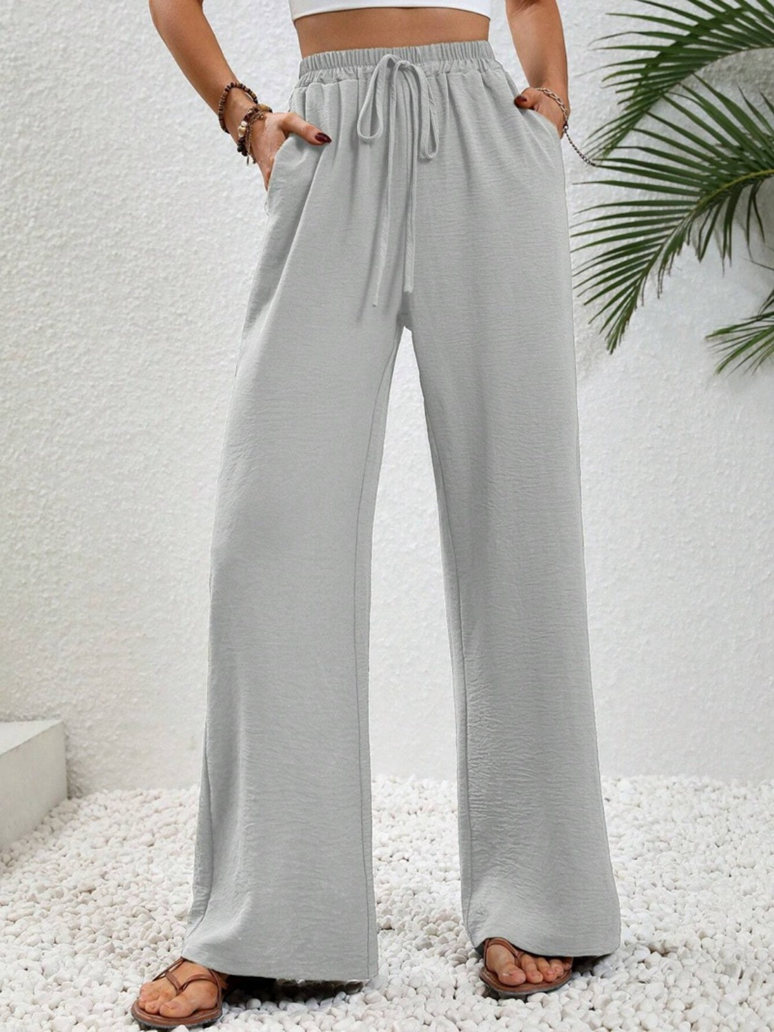 Wide Leg Drawstring Pants Light Gray 008cb00a-afbc-4db4-ad19-737d3ecde73f-Max Trendsi