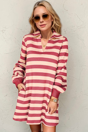 Double Take Full Size Striped Contrast Collared Neck Long Sleeve Dress Deep Rose 00b85847-4911-4d56-ac7d-b24ca41b36cf-Max Trendsi