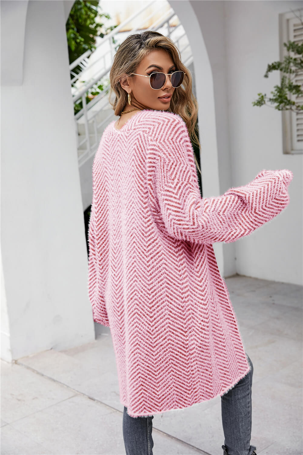 Glownestbest® | Herringbone Pattern Open Front Longline Fuzzy Cardigan 0163b7a1abc5465f9c451f7070daf697-Max Glownestbest