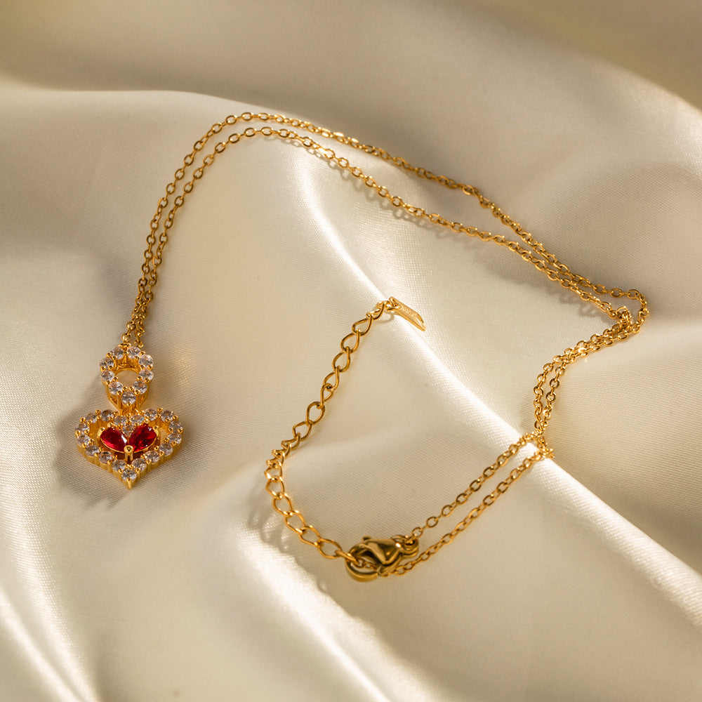 18K Gold Exquisite and Noble Inlaid Red and White Zircon Water Drop Love Design Pendant Necklace 0170d025-7f96-44f0-99eb-b16975805d9f Artshiney