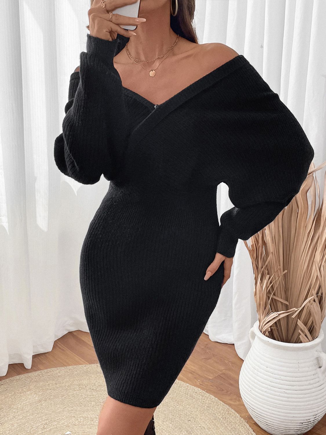 Perfee Surplice Long Sleeve Sweater Dress 022b2ecb-8dd1-4e07-a30b-faaadebfdd50-Max Glownestbest