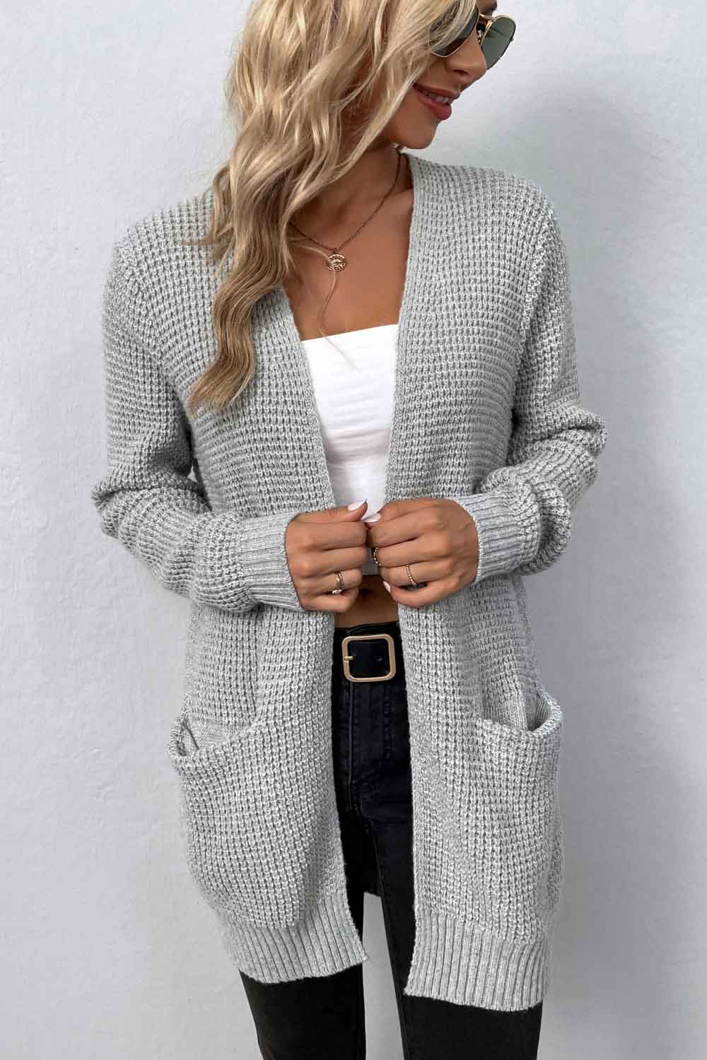 Rib-Knit Open Front Pocketed Cardigan Light Gray 0231082ade2646fabc1a727e14fa675b-Max Glownestbest