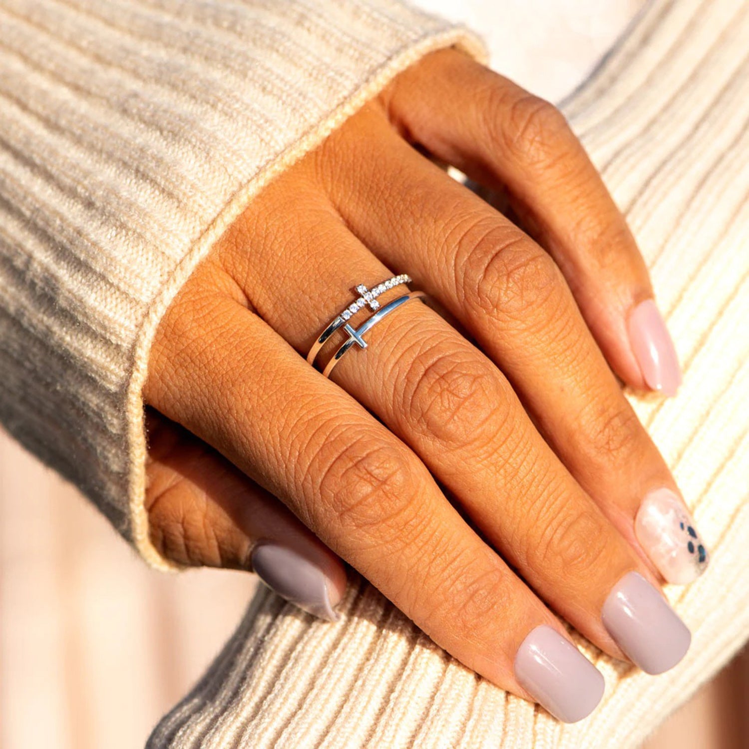 925 Sterling Silver Double Cross Ring 025e3d33-1911-4a7c-a3fd-52903fe27113-Max Trendsi