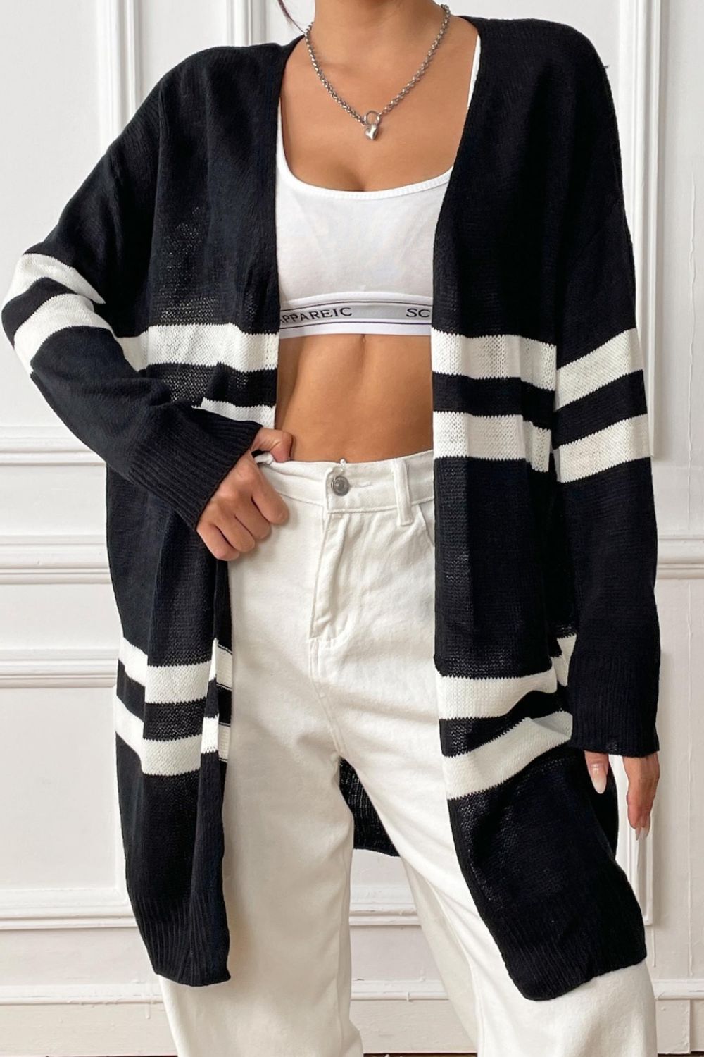 Striped Open Front Dropped Shoulder Cardigan Black One Size 02995fd3-f19b-4ebe-a2aa-2ccbca46200c-Max Glownestbest