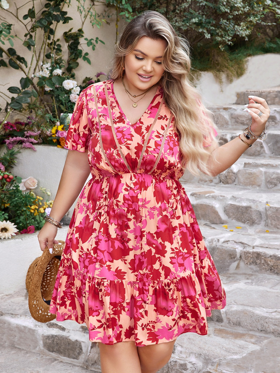 Plus Size Printed V-Neck Flutter Sleeve Dress 0391dc8b-d6d4-4d1c-82be-cd122873ba68-Max Trendsi