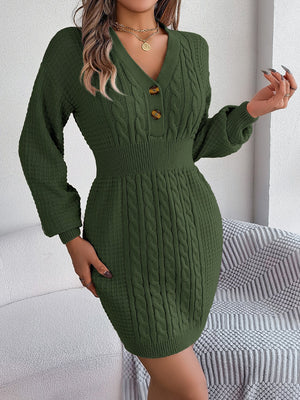 Buttoned Cable-Knit V-Neck Sweater Dress 03d69d5cbea24c2e9ae75c37a6723e50-Max Glownestbest