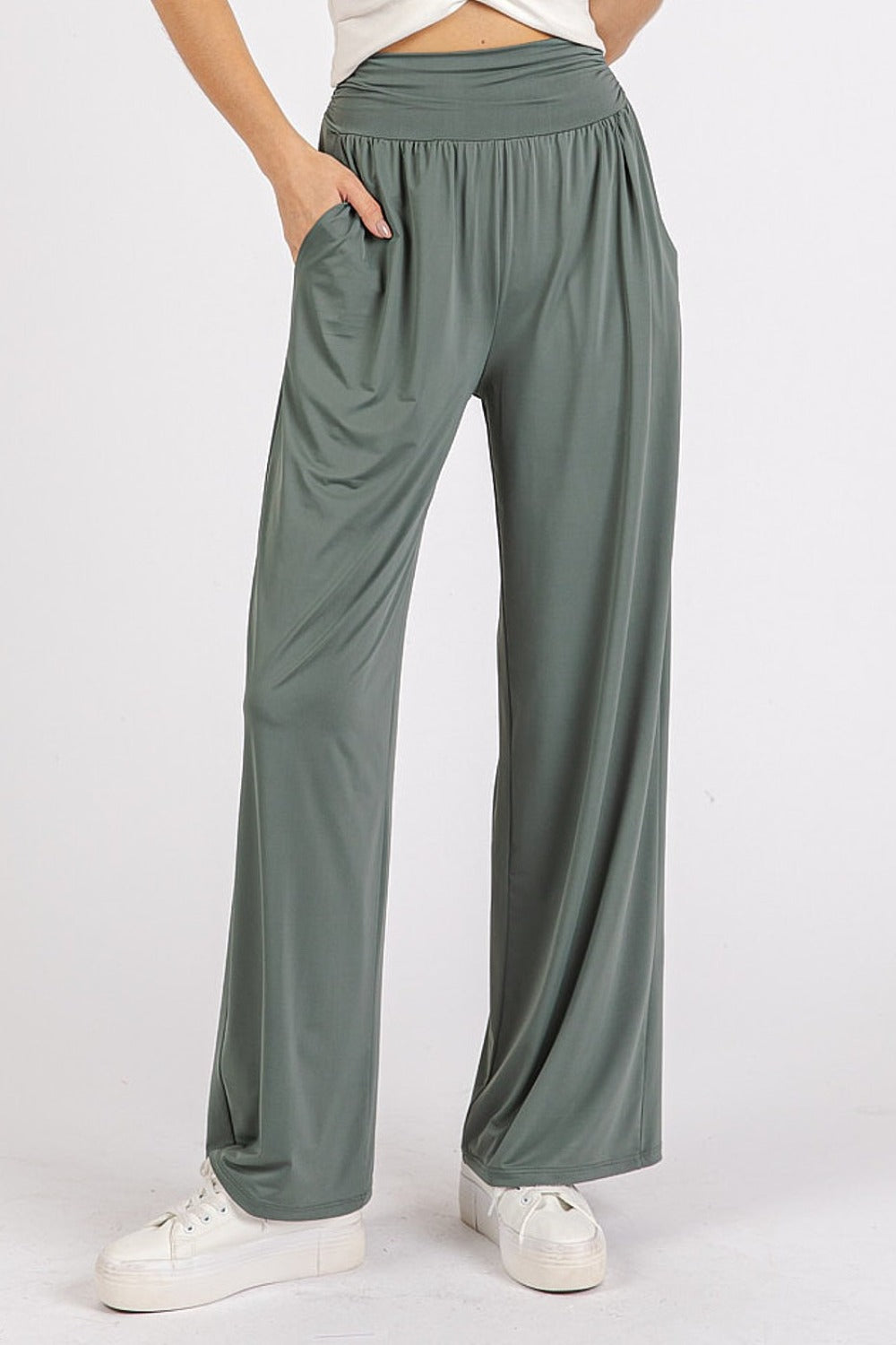 Mittoshop Stretch Banded Waist Wide Leg Pants with Pockets Army Green 04219aaa-26b8-4a39-90b9-9b11f010a667-Max Trendsi