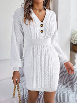 Buttoned Cable-Knit V-Neck Sweater Dress White 0582879230ff41078a8a33a3a912cff7-Max Glownestbest