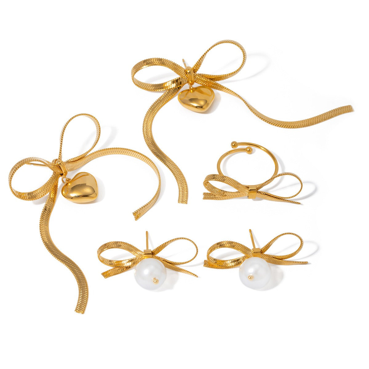 18K gold elegant bow design ring necklace bracelet earrings set 05f35b77-e533-402a-9979-2a7e4e3be8ab Artshiney